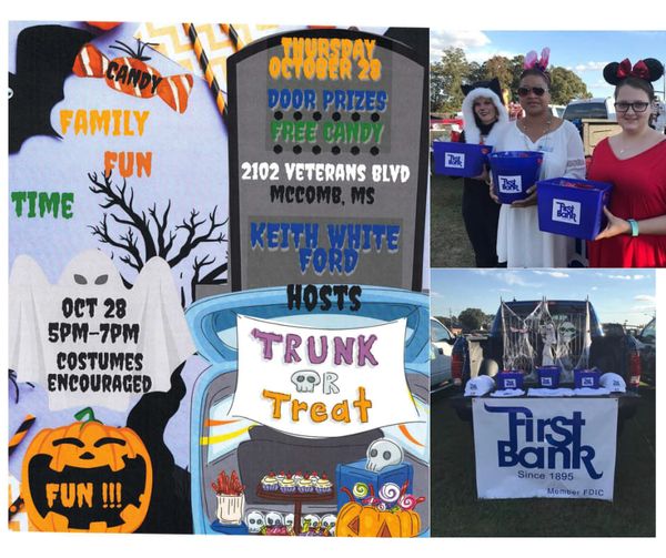 First Bank images announcing the Trunk-or-Treat at Keith White Ford, McComb, MS.
